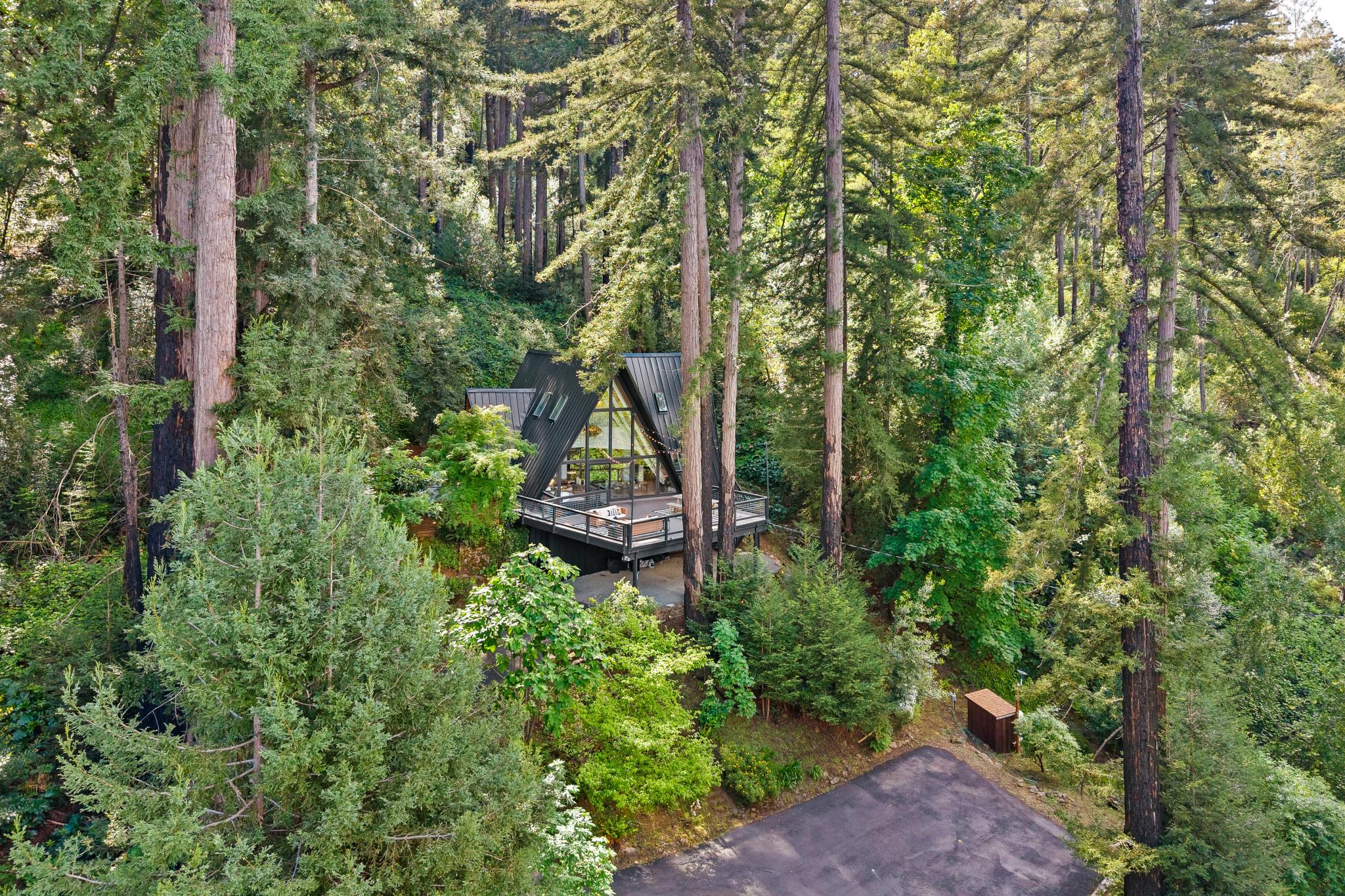 Aerial view of the retreat nestled in ancient redwoods