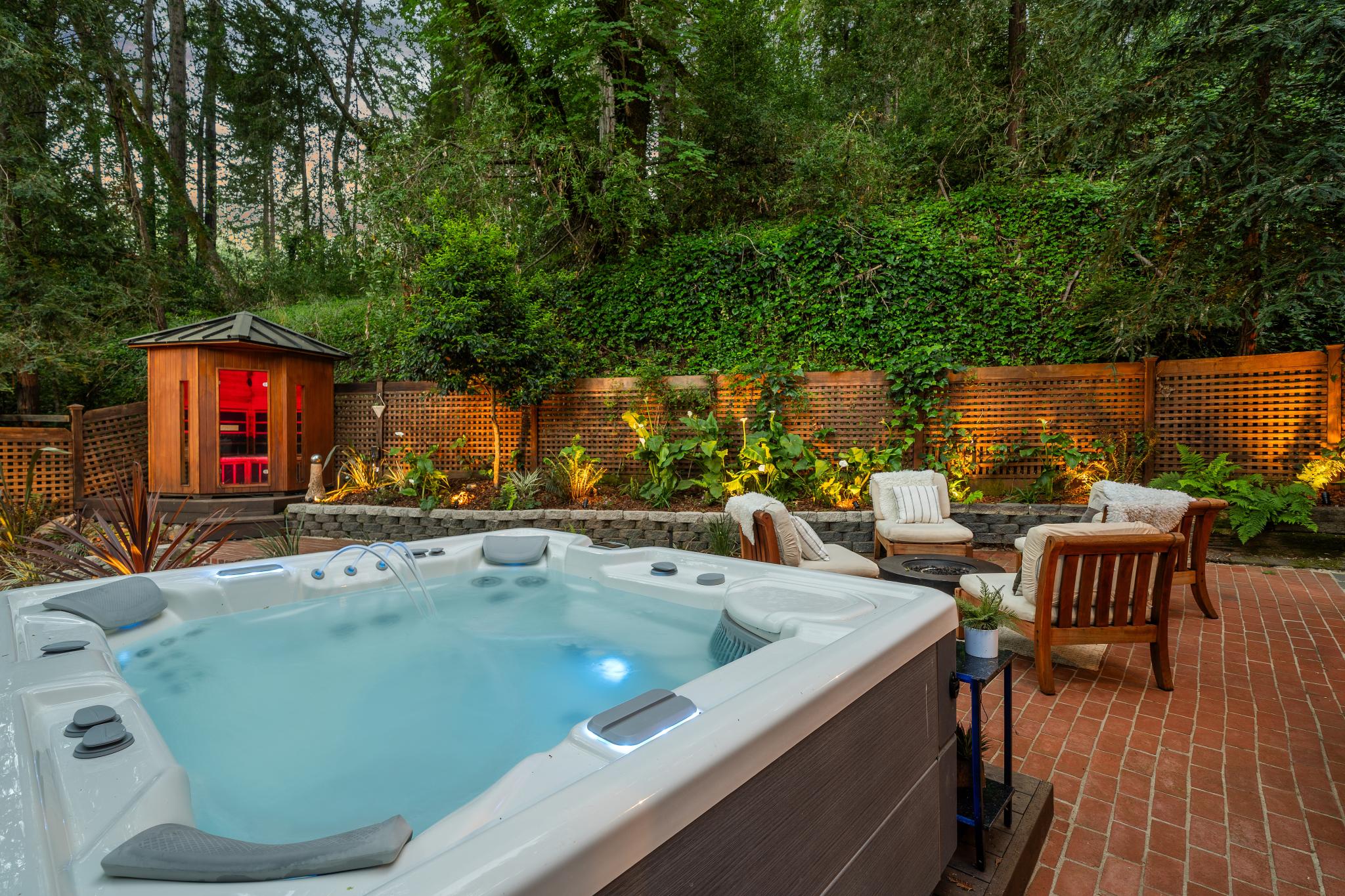 Private hot spring jacuzzi at twilight